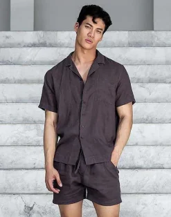 2EROS Shirts & Vests^Breezy Linen Short Sleeve Classic Shirt-Dark Gray