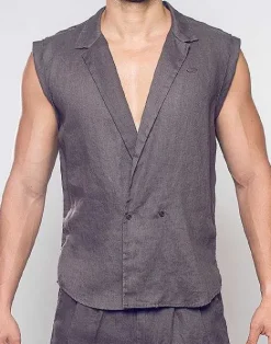 2EROS Shirts & Vests^Breezy Linen Single Button Wrap Vest-Dark Gray