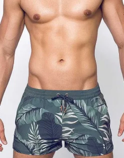 2EROS Sustainable Beachwear^S50 Print Shorts-Forest Green Hawaiian Print