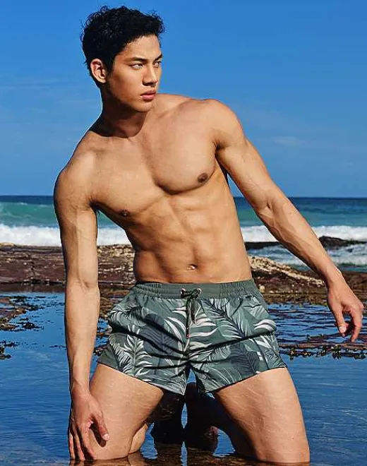 2EROS Sustainable Beachwear^S50 Print Shorts-Forest Green Hawaiian Print