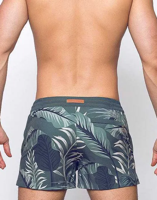 2EROS Beach Shorts^S50 Print Shorts-Forest Green Hawaiian Print